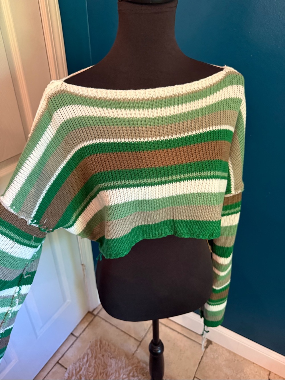Striped Green & White Cropped Knit Top